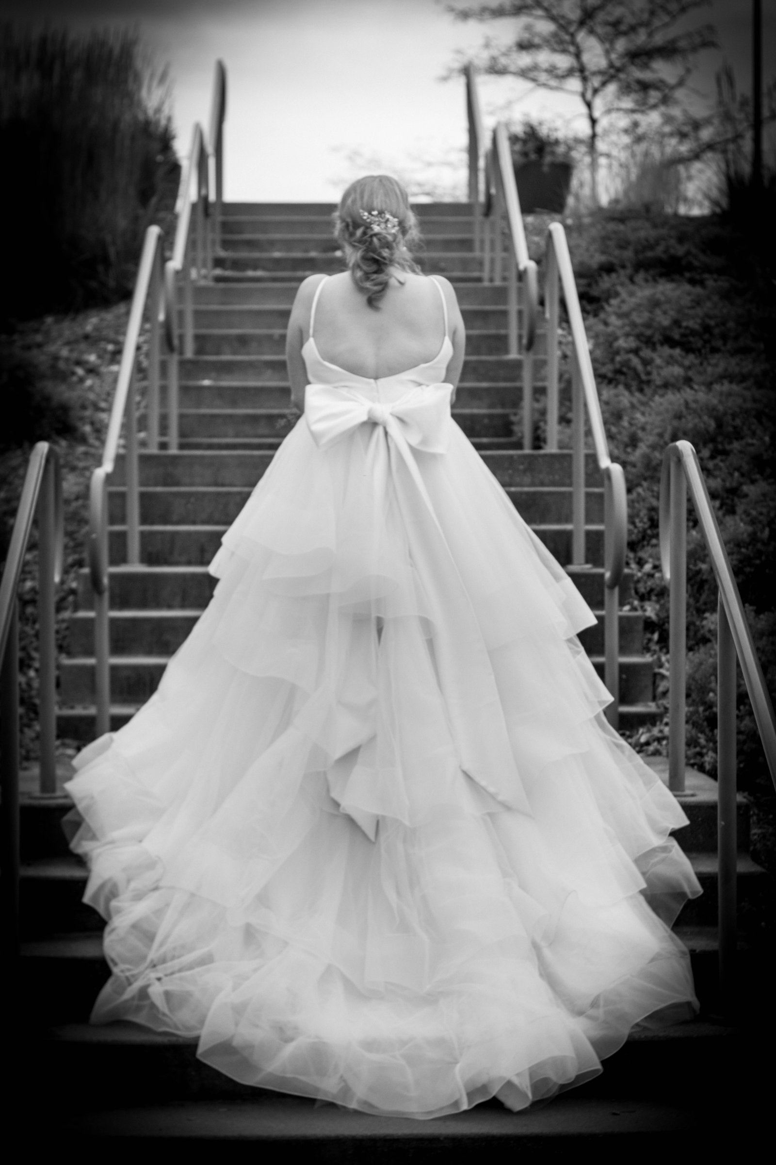 Bride ascending a staircase, full ballgown train - Steve Lunden Photography Twin Cities